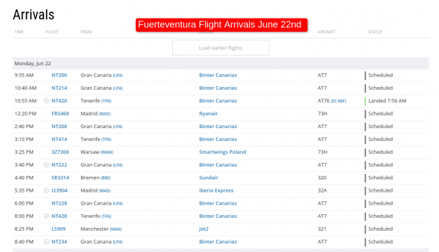 Fuerteventura Flight Arrivals June 22nd